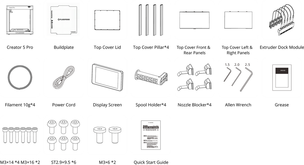 Flashforge Creator 5 Pro packing list